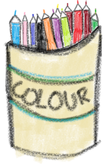 A hand-painted cup filled with colourful pencils