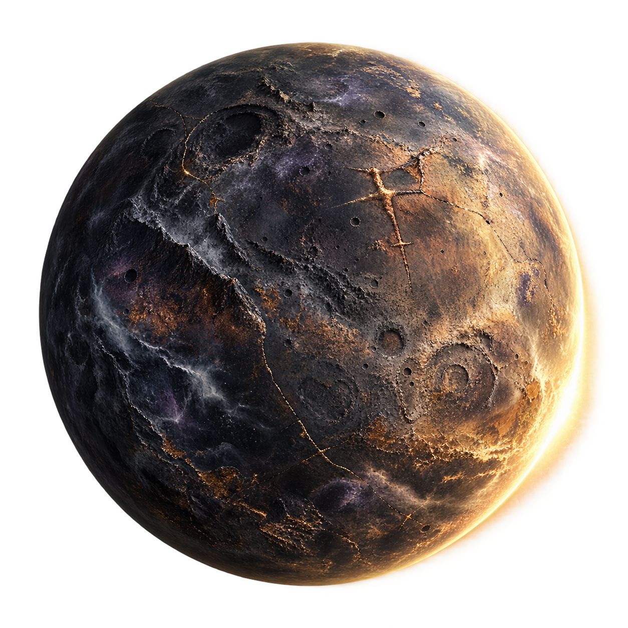 A dark, weathered planet with craters, cracks and a warm light shining behind it