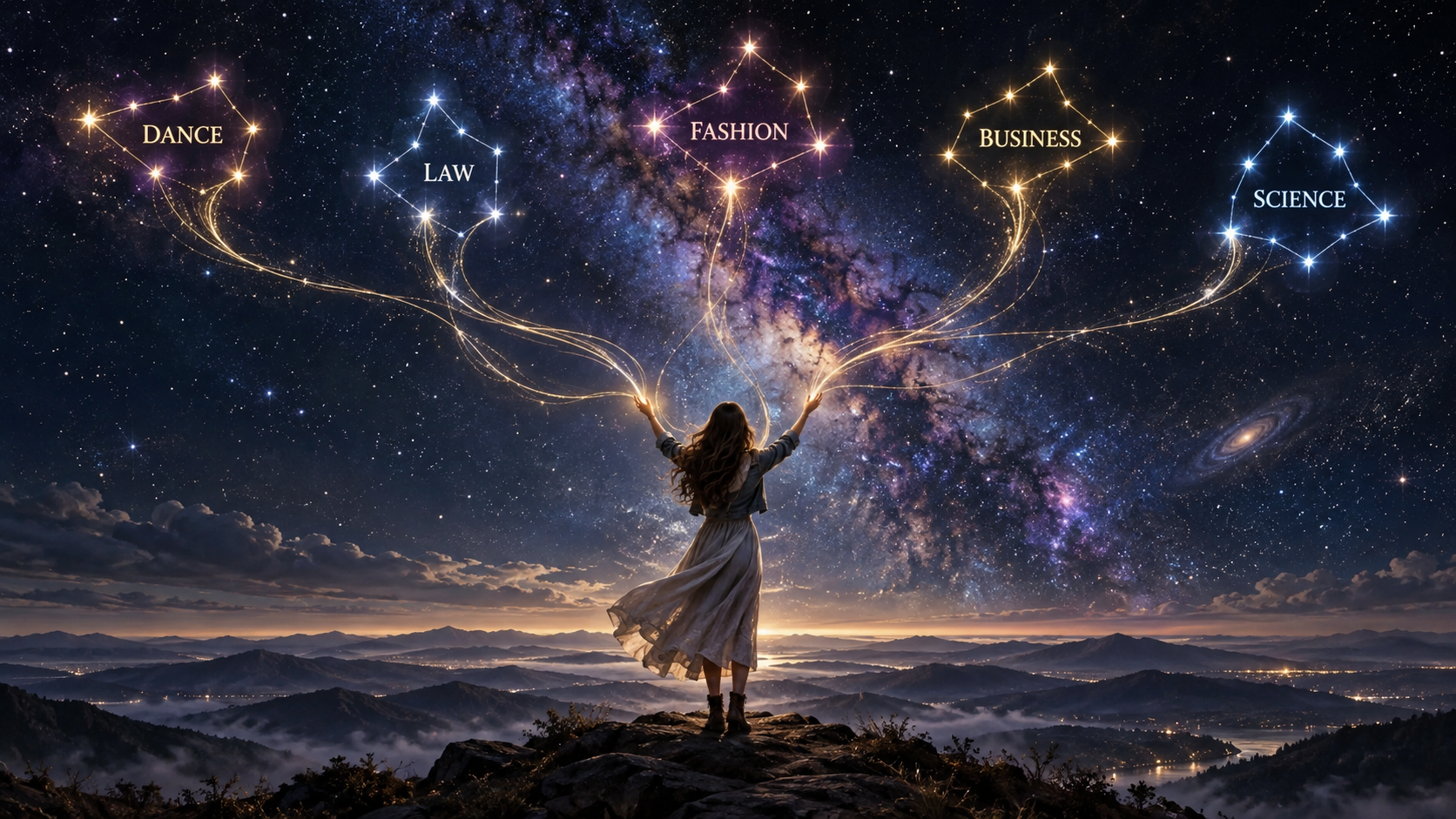 A woman reaching towards constellations representing multiple paths